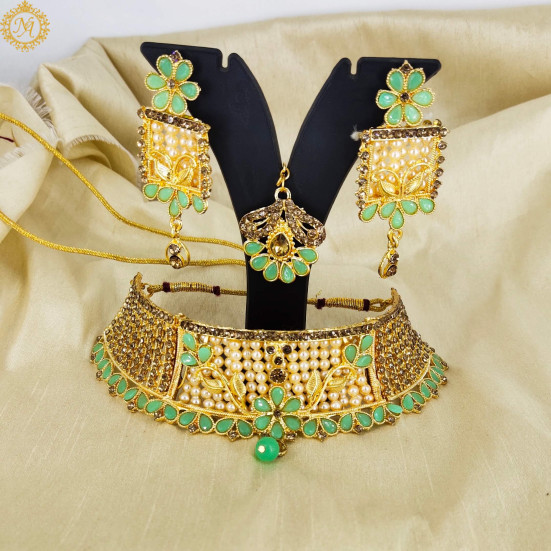 Naitikaarts Latest Choker Design Traditional Stylish Fancy Pearl Necklace Jewellery Set for Women NA-221-MINT