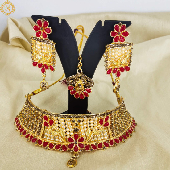 Naitikaarts Latest Choker Design Traditional Stylish Fancy Pearl Necklace Jewellery Set for Women NA-221-RED