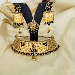 Naitikaarts Latest Choker Design Traditional Stylish Fancy Pearl Necklace Jewellery Set for Women NA-221-BLACK