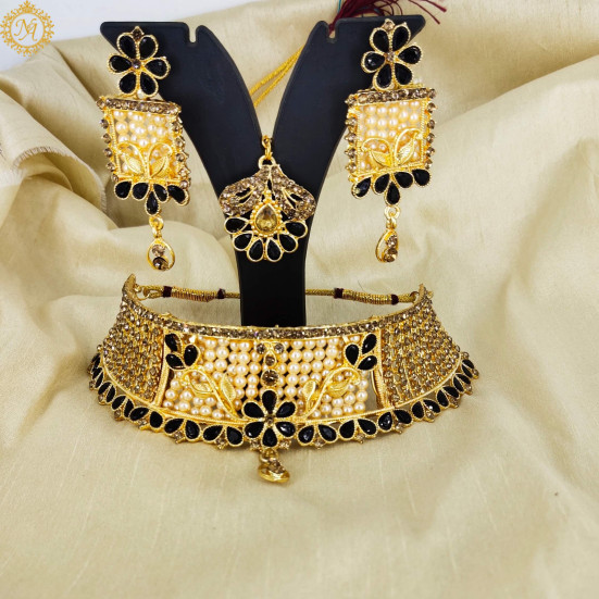 Naitikaarts Latest Choker Design Traditional Stylish Fancy Pearl Necklace Jewellery Set for Women NA-221-BLACK