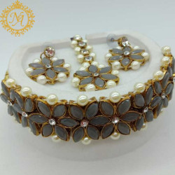 Naitikaarts Latest Choker Design Traditional Stylish Fancy Pearl Necklace Jewellery Set for Women NA-29-GERY