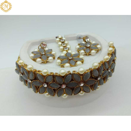 Naitikaarts Latest Choker Design Traditional Stylish Fancy Pearl Necklace Jewellery Set for Women NA-29-GERY