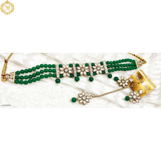 Naitikaarts Latest Choker Design Traditional Stylish Fancy Pearl Necklace Jewellery Set for Women NA-75-GREEN