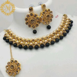 Naitikaarts Latest Choker Design Traditional Stylish Fancy Pearl Necklace Jewellery Set for Women NA-76-BLACK