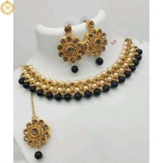 Naitikaarts Latest Choker Design Traditional Stylish Fancy Pearl Necklace Jewellery Set for Women NA-76-BLACK