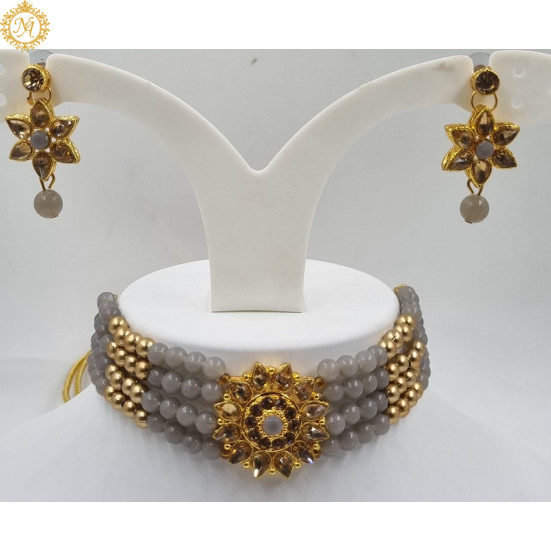 Naitikaarts Latest Choker Design Traditional Stylish Fancy Pearl Necklace Jewellery Set for Women NA-140-GERY