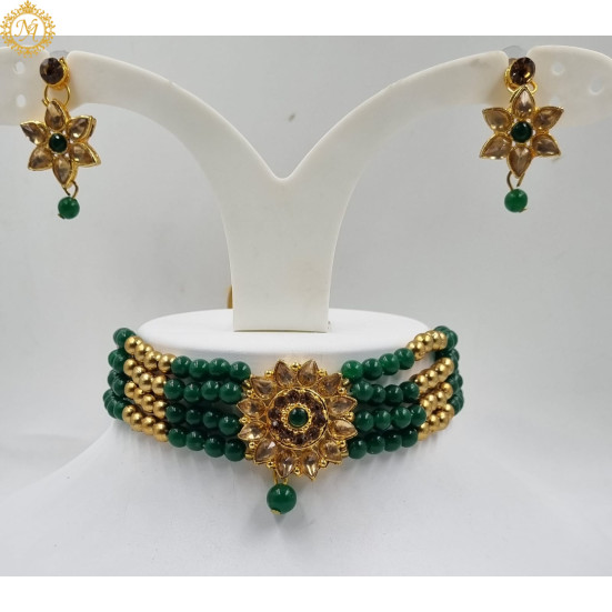 Naitikaarts Latest Choker Design Traditional Stylish Fancy Pearl Necklace Jewellery Set for Women NA-140-GREEN