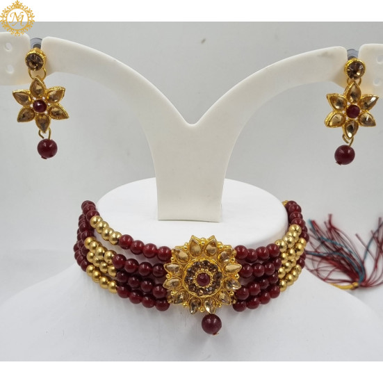 Naitikaarts Latest Choker Design Traditional Stylish Fancy Pearl Necklace Jewellery Set for Women NA-140-MARRON