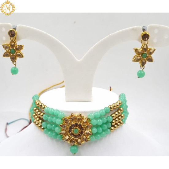 Naitikaarts Latest Choker Design Traditional Stylish Fancy Pearl Necklace Jewellery Set for Women NA-140-MINT