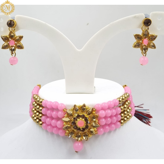 Naitikaarts Latest Choker Design Traditional Stylish Fancy Pearl Necklace Jewellery Set for Women NA-140-PINK