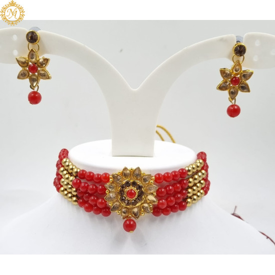 Naitikaarts Latest Choker Design Traditional Stylish Fancy Pearl Necklace Jewellery Set for Women NA-140-RED