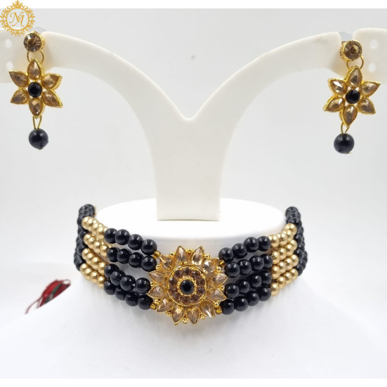 Naitikaarts Latest Choker Design Traditional Stylish Fancy Pearl Necklace Jewellery Set for Women NA-140-BLACK