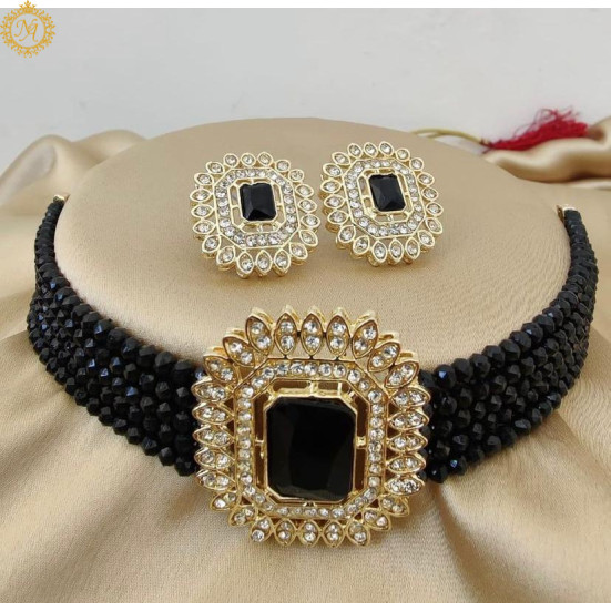 Naitikaarts Latest Choker Design Traditional Stylish Fancy Pearl Necklace Jewellery Set for Women NA-194-BLACK