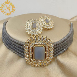Naitikaarts Latest Choker Design Traditional Stylish Fancy Pearl Necklace Jewellery Set for Women NA-194-GERY