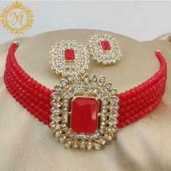 Naitikaarts Latest Choker Design Traditional Stylish Fancy Pearl Necklace Jewellery Set for Women NA-194-RED