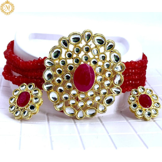 Naitikaarts Latest Choker Design Traditional Stylish Fancy Pearl Necklace Jewellery Set for Women NA-177-RED