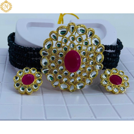 Naitikaarts Latest Choker Design Traditional Stylish Fancy Pearl Necklace Jewellery Set for Women NA-177-BLACK