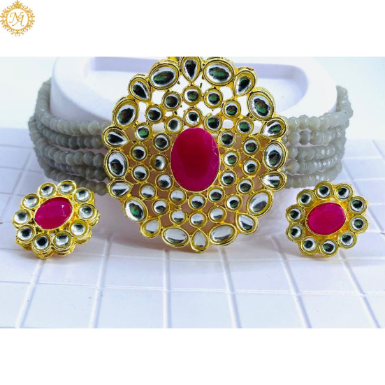 Naitikaarts Latest Choker Design Traditional Stylish Fancy Pearl Necklace Jewellery Set for Women NA-177-GERY