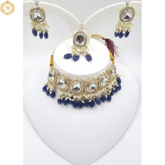 Naitikaarts Latest Choker Design Traditional Stylish Fancy Pearl Necklace Jewellery Set for Women NA-315-Blue