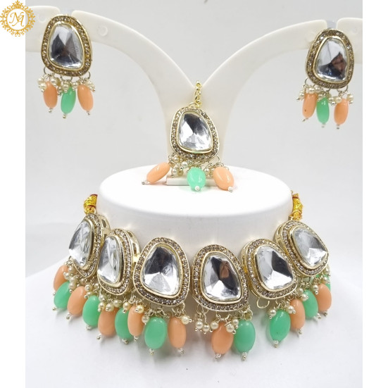 Naitikaarts Latest Choker Design Traditional Stylish Fancy Pearl Necklace Jewellery Set for Women NA-316-MINTPEACHE