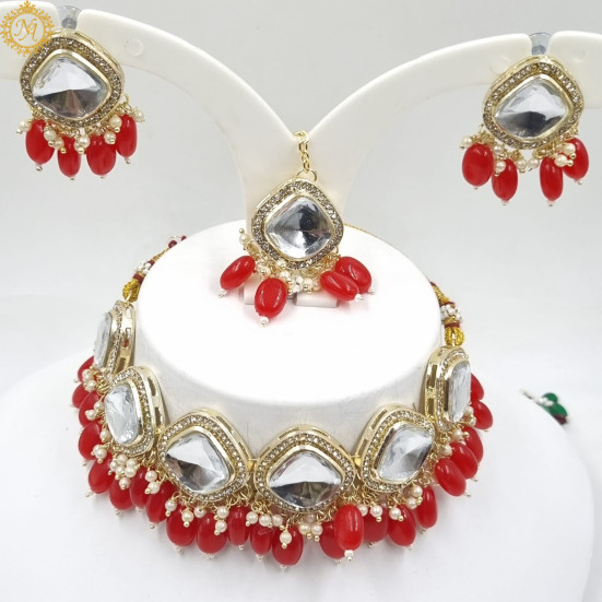 Naitikaarts Latest Choker Design Traditional Stylish Fancy Pearl Necklace Jewellery Set for Women NA-317-RED