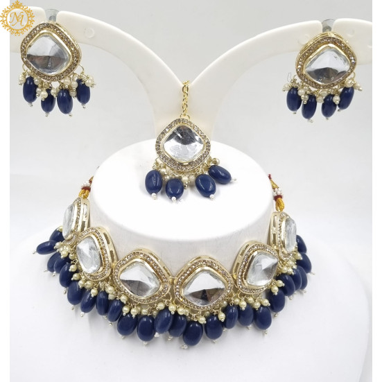 Naitikaarts Latest Choker Design Traditional Stylish Fancy Pearl Necklace Jewellery Set for Women NA-317-BLUE
