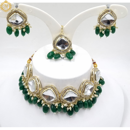 Naitikaarts Latest Choker Design Traditional Stylish Fancy Pearl Necklace Jewellery Set for Women NA-317-GREEN