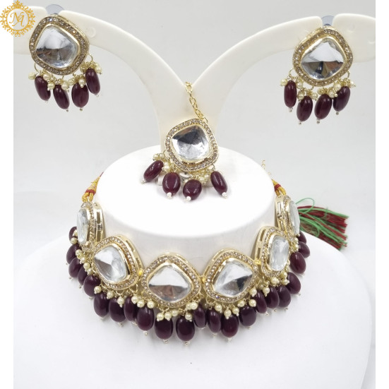 Naitikaarts Latest Choker Design Traditional Stylish Fancy Pearl Necklace Jewellery Set for Women NA-317-MARRON