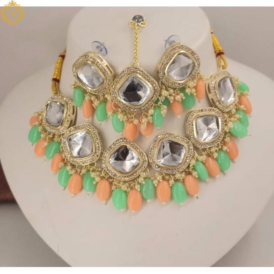 Naitikaarts Latest Choker Design Traditional Stylish Fancy Pearl Necklace Jewellery Set for Women NA-317-PICH+MINT
