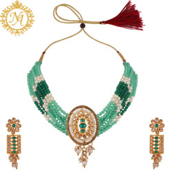 Naitikaarts Latest Long Necklace with Drop Earrings Traditional Ethnic Jewellery Set for Women and Girls. NA-135-GRREN