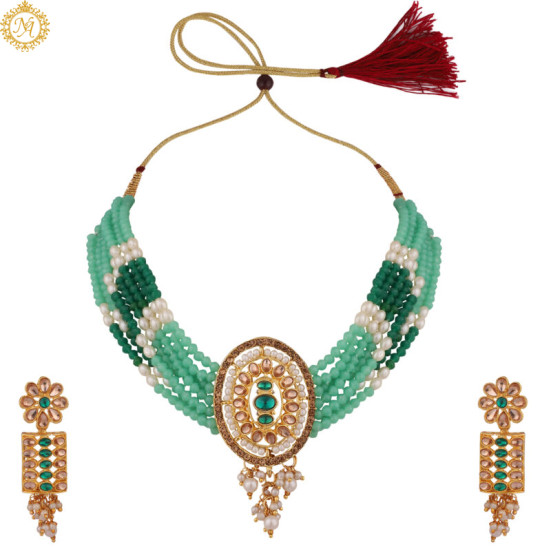 Naitikaarts Latest Long Necklace with Drop Earrings Traditional Ethnic Jewellery Set for Women and Girls. NA-135-GRREN