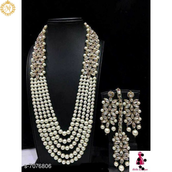 Naitikaarts Latest Long Necklace with Drop Earrings Traditional Ethnic Jewellery Set for Women and Girls. NA-01-WHITE