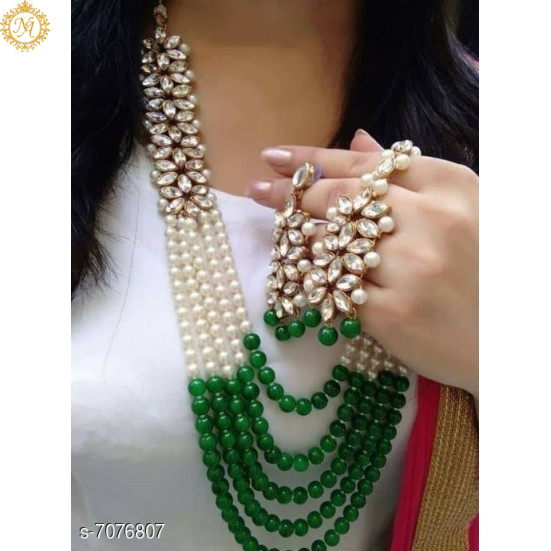 Naitikaarts Latest Long Necklace with Drop Earrings Traditional Ethnic Jewellery Set for Women and Girls. NA-01-GREEN