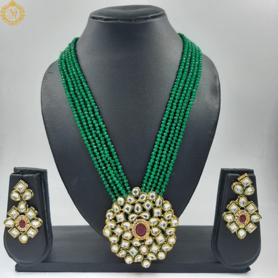 Naitikaarts Latest Long Necklace with Drop Earrings Traditional Ethnic Jewellery Set for Women and Girls. NA-134-GREEN