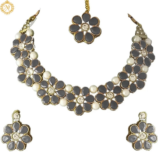 Naitikaarts Latest Choker Design Traditional Stylish Fancy Pearl Necklace Jewellery Set for Women NA-179-GREY