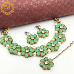 Naitikaarts Latest Choker Design Traditional Stylish Fancy Pearl Necklace Jewellery Set for Women NA-179-MINT