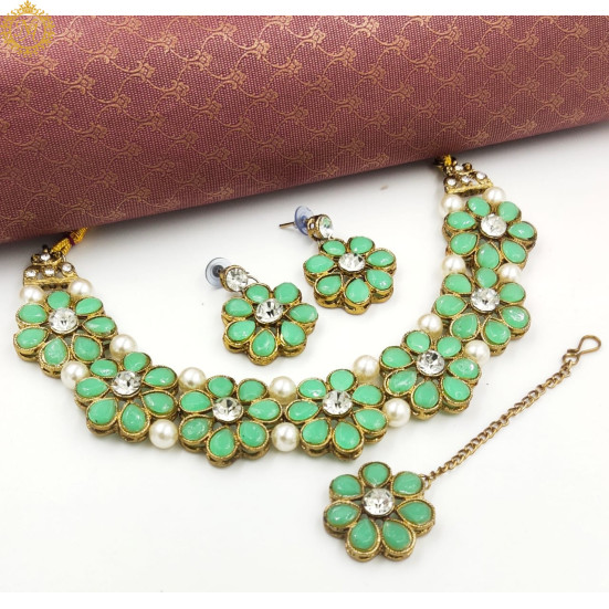 Naitikaarts Latest Choker Design Traditional Stylish Fancy Pearl Necklace Jewellery Set for Women NA-179-MINT