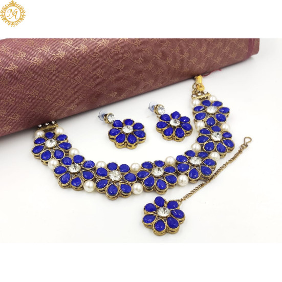 Naitikaarts Latest Choker Design Traditional Stylish Fancy Pearl Necklace Jewellery Set for Women NA-179-BLUE
