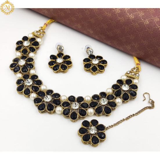 Naitikaarts Latest Choker Design Traditional Stylish Fancy Pearl Necklace Jewellery Set for Women NA179-BLACK