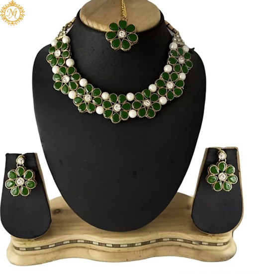 Naitikaarts Latest Choker Design Traditional Stylish Fancy Pearl Necklace Jewellery Set for Women NA179-GREEN