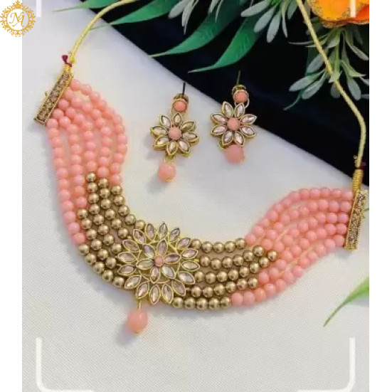 Naitikaarts Latest Choker Design Traditional Stylish Fancy Pearl Necklace Jewellery Set for Women NA192-PICH
