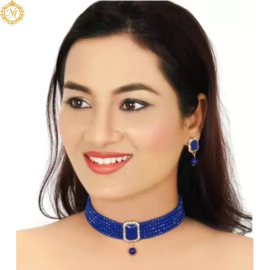 Naitikaarts Latest Choker Design Traditional Stylish Fancy Pearl Necklace Jewellery Set for Women NA-115-BLUE