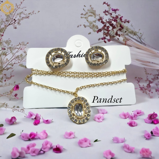 Naitikaarts Gold Round Crystal Pendant with Chain and Earrings Set for Women and Girls