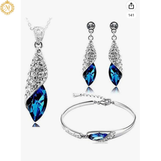 Naitikaarts Fashion Blue Crystal Pendant Necklace Jewellery Set with Earrings and Bracelet for Girls and Women