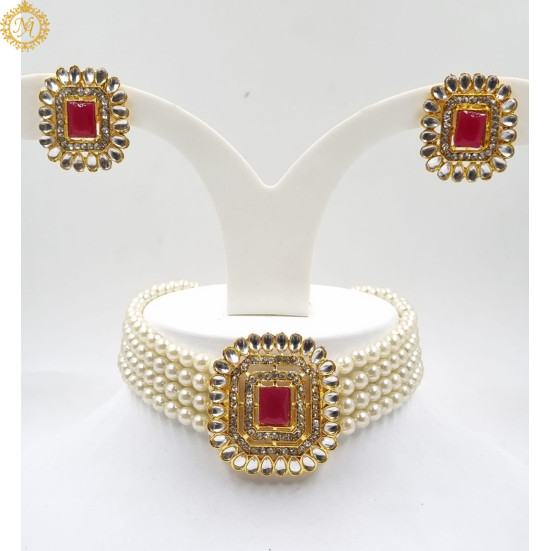 Naitikaarts Latest Choker Design Traditional Stylish Fancy Pearl Necklace Jewellery Set for Women NA-335-RED
