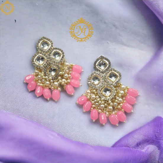 Naitikaarts High Quality Kundan studded Drop Earrings for Girls and Women Jewellery Pink