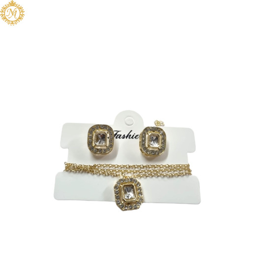 Naitikaarts Gold Round Crystal Pendant with Chain and Earrings Set for Women and Girls