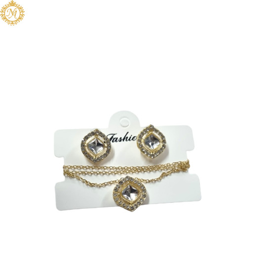 Naitikaarts Gold Round Crystal Pendant with Chain and Earrings Set for Women and Girls