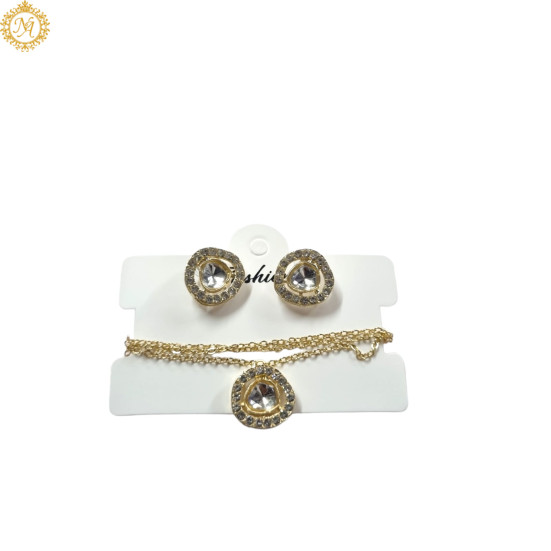 Naitikaarts Gold Round Crystal Pendant with Chain and Earrings Set for Women and Girls