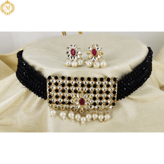 Naitikaarts Latest Choker Design Traditional Stylish Fancy Pearl Necklace Jewellery Set for Women NA-200-BLACK